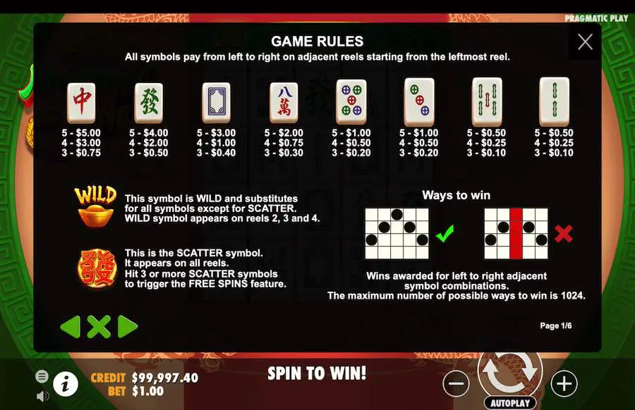 Mahjong Wins Paytable