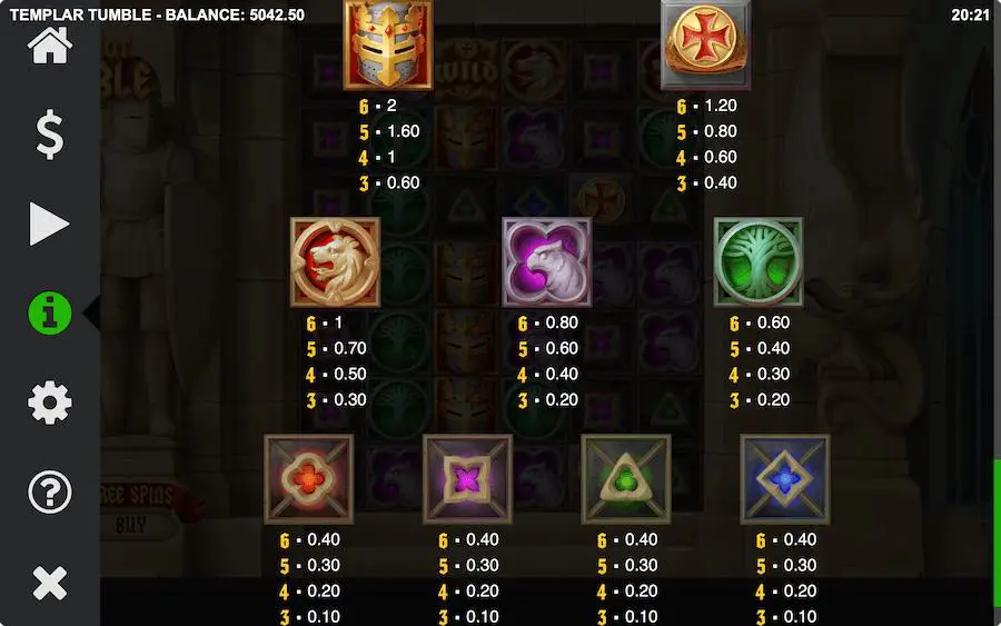 Templar Tumble Slot Paytable