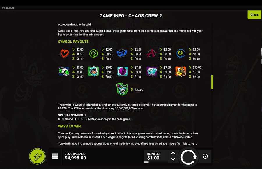 Chaos Crew 2 Paytable