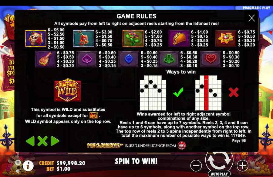 Muertos Multiplier Megaways slot paytable