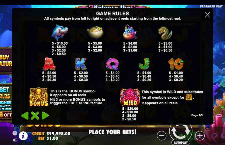 Paytable For The Release Kraken 2 Online Slot From Provider Pragmatic Play