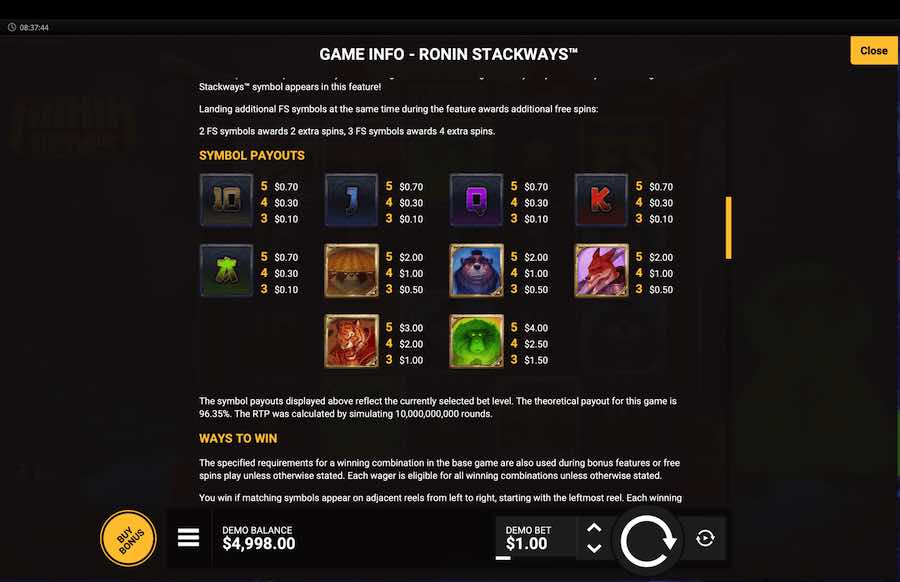 Ronin Stackways Paytable