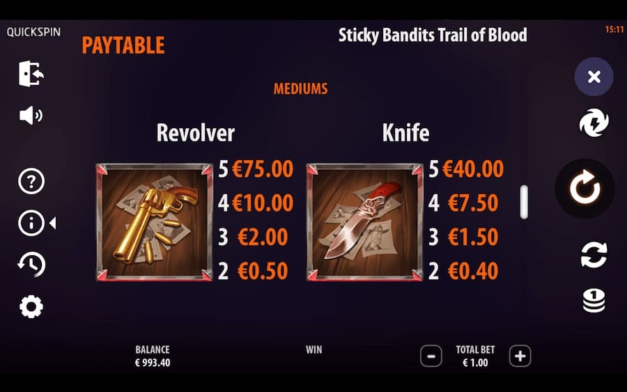 Paytable For Sticky Bandits Trail Of Blood Slot Game